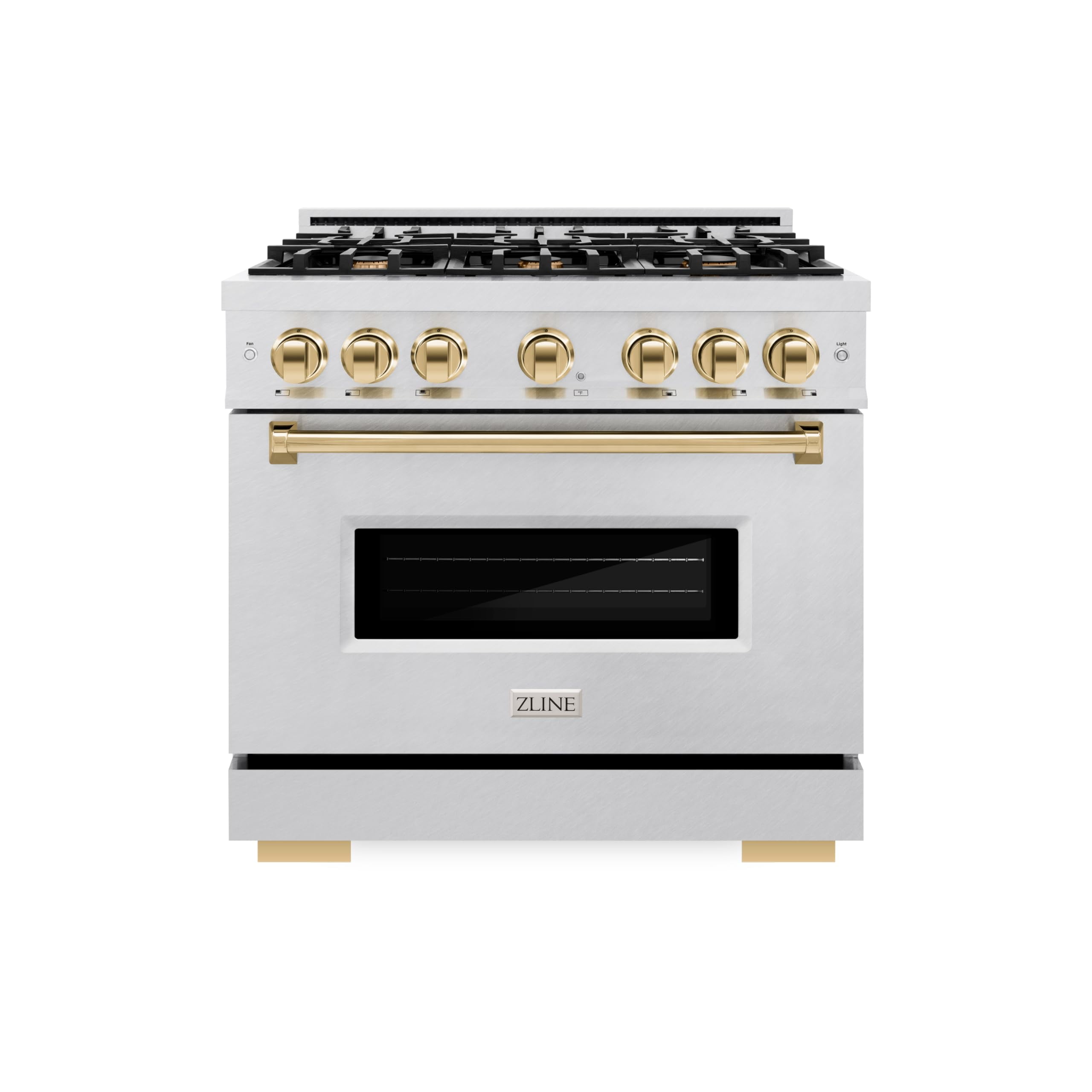 ZLINE Autograph Edition 36 in. 5.2 cu. ft. Classic Dual Fuel Range with 6 Burner Gas Cooktop and Electric Convection Oven in DuraSnow Stainless Steel with Polished Gold Accents (CDRSZ-36-G)