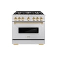 thumbnail image 1 of ZLINE Autograph Edition 36 in. 5.2 cu. ft. Classic Dual Fuel Range with 6 Burner Gas Cooktop and Electric Convection Oven in DuraSnow Stainless Steel with Polished Gold Accents (CDRSZ-36-G), 1 of 2