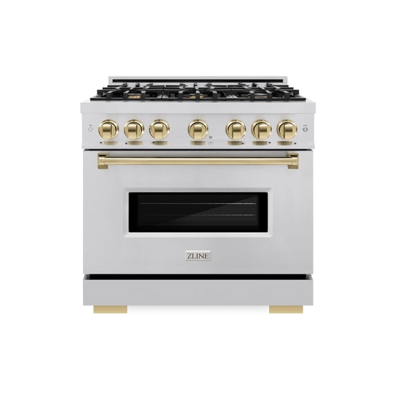 ZLINE Autograph Edition 36 in. 5.2 cu. ft. Classic Dual Fuel Range with 6 Burner Gas Cooktop and Electric Convection Oven in Stainless Steel with Polished Gold Accents (CDRZ-36-G)