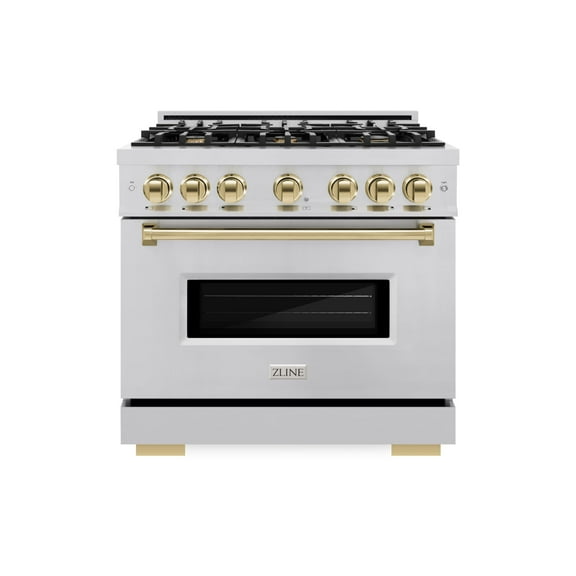ZLINE Autograph Edition 36 in. 5.2 cu. ft. Classic Dual Fuel Range with 6 Burner Gas Cooktop and Electric Convection Oven in Stainless Steel with Polished Gold Accents (CDRZ-36-G)