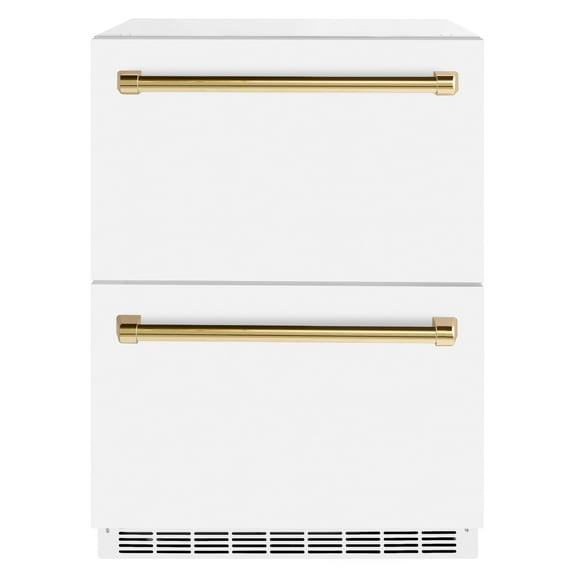 ZLINE Autograph Edition 24 in. Touchstone 168 Can Outdoor-Rated Dual Refrigerator Drawer with White Matte Doors and Polished Gold Handles (RDSOZ-WM-24-G)