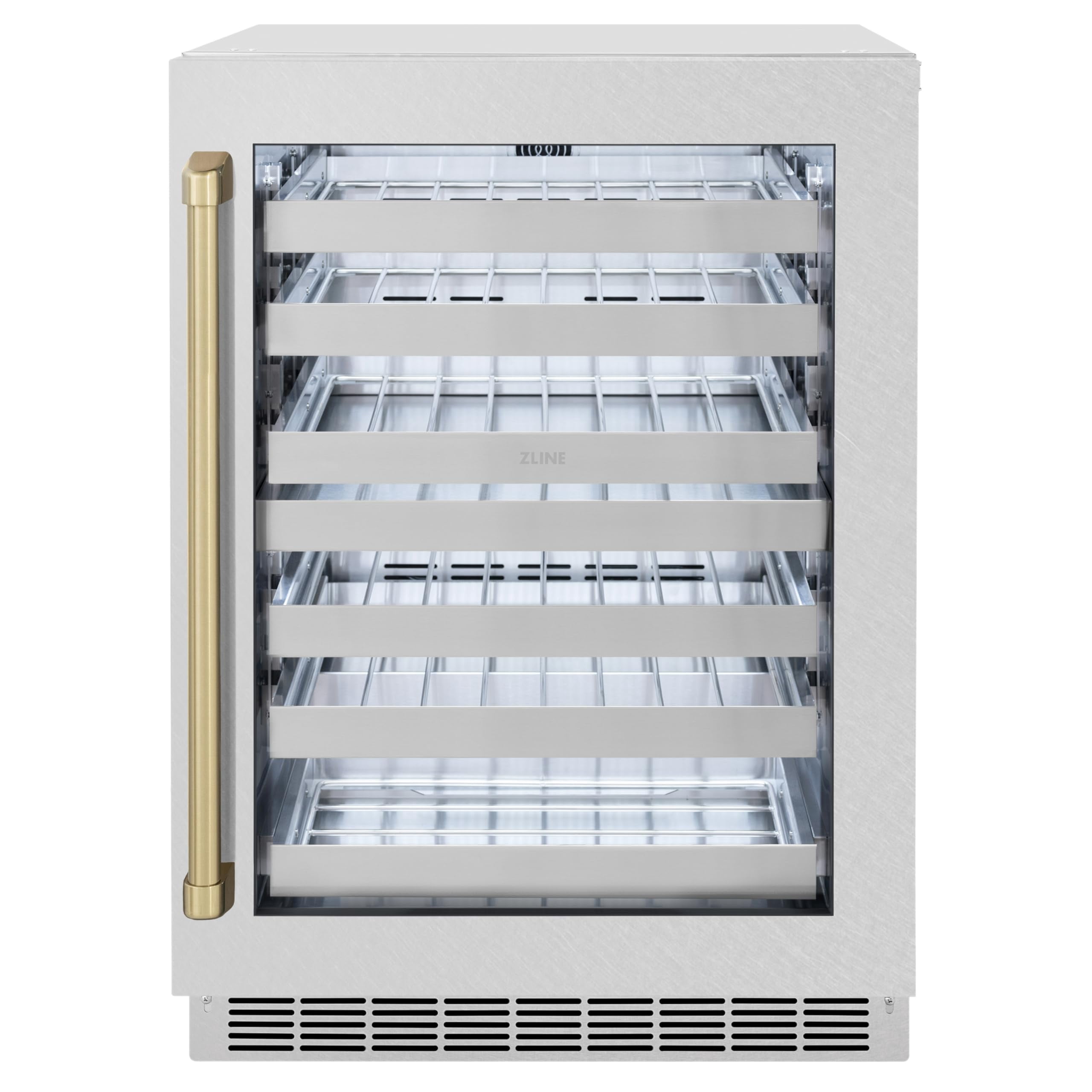 ZLINE Autograph Edition 24 in. Touchstone Dual Zone 44 Bottles Wine Cooler With DuraSnow Stainless Steel Glass Door And Champagne Bronze Handle (RWDOZ-SN-24-CB)