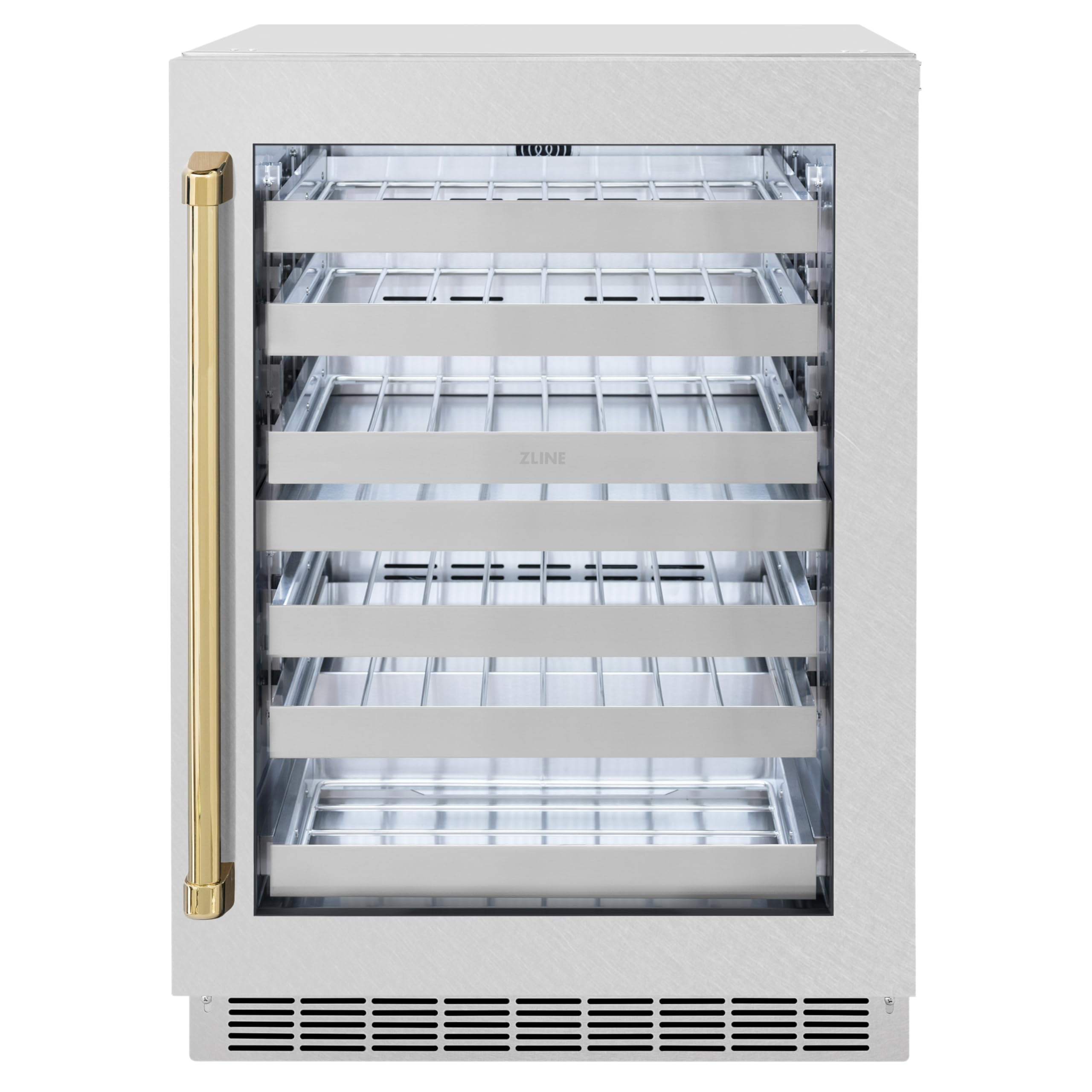 ZLINE Autograph Edition 24 in. Touchstone Dual Zone 44 Bottles Wine Cooler With DuraSnow Stainless Steel Glass Door And Polished Gold Handle (RWDOZ-SN-24-G)