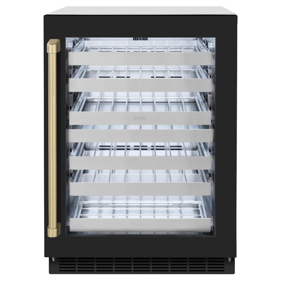 ZLINE Autograph Edition 24 in. Touchstone Dual Zone 44 Bottles Wine Cooler With Black Matte Glass Door And Champagne Bronze Handle (RWDOZ-BLM-24-CB)