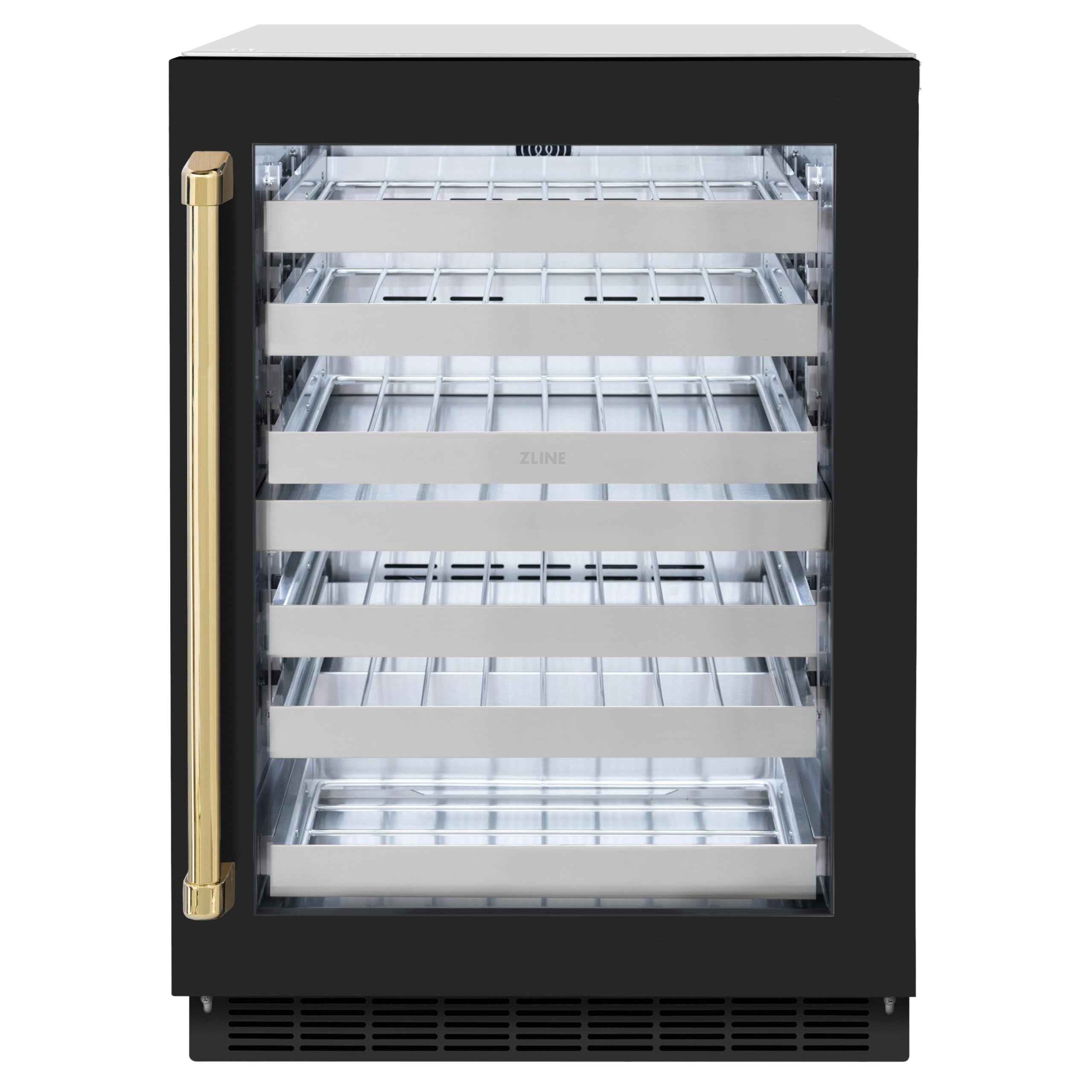 ZLINE Autograph Edition 24 in. Touchstone Dual Zone 44 Bottles Wine Cooler With Black Matte Glass Door And Polished Gold Handle (RWDOZ-BLM-24-G)