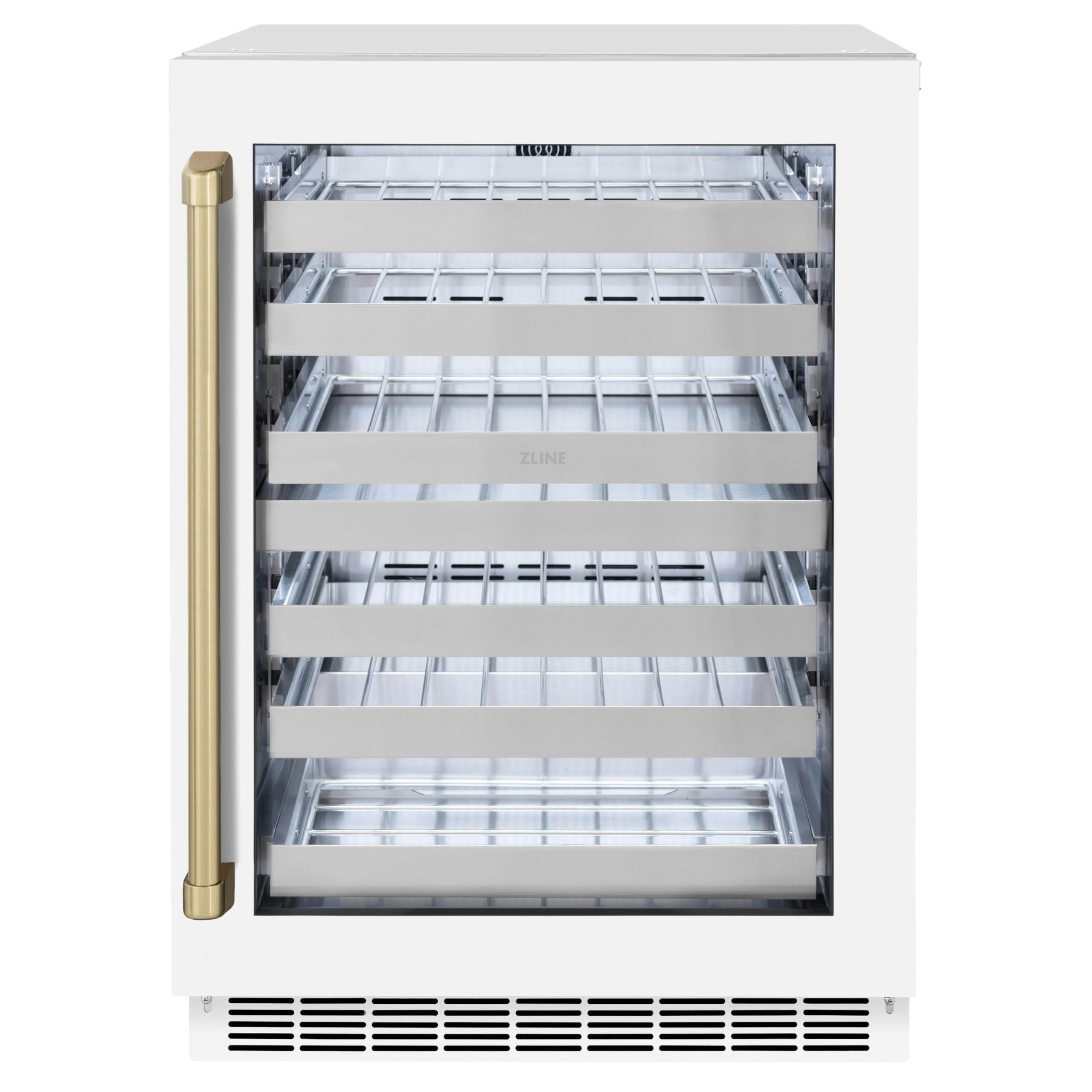 ZLINE Autograph Edition 24 in. Touchstone Dual Zone 44 Bottles Wine Cooler With White Matte Glass Door And Champagne Bronze Handle (RWDOZ-WM-24-CB)