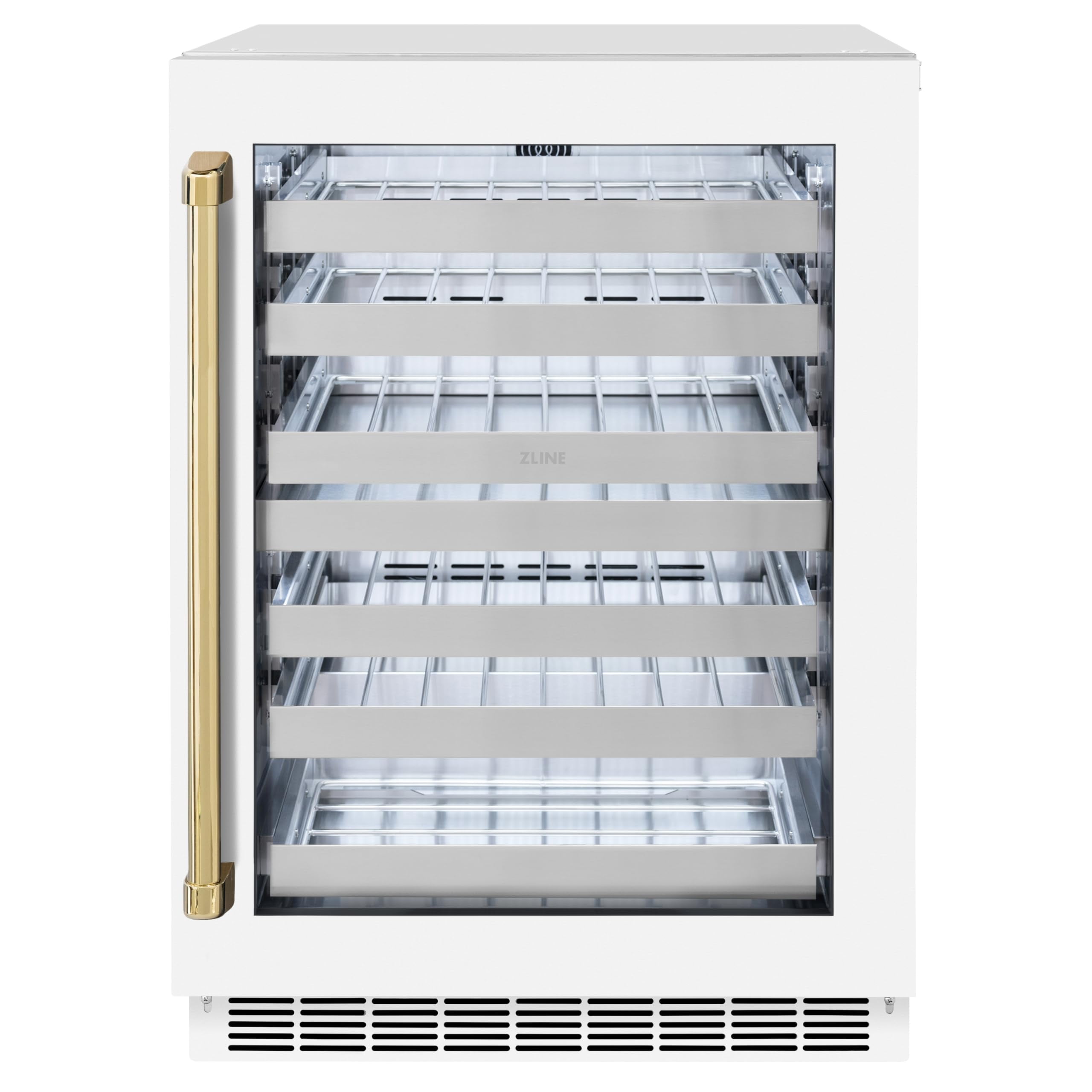 ZLINE Autograph Edition 24 in. Touchstone Dual Zone 44 Bottles Wine Cooler With White Matte Glass Door And Polished Gold Handle (RWDOZ-WM-24-G)