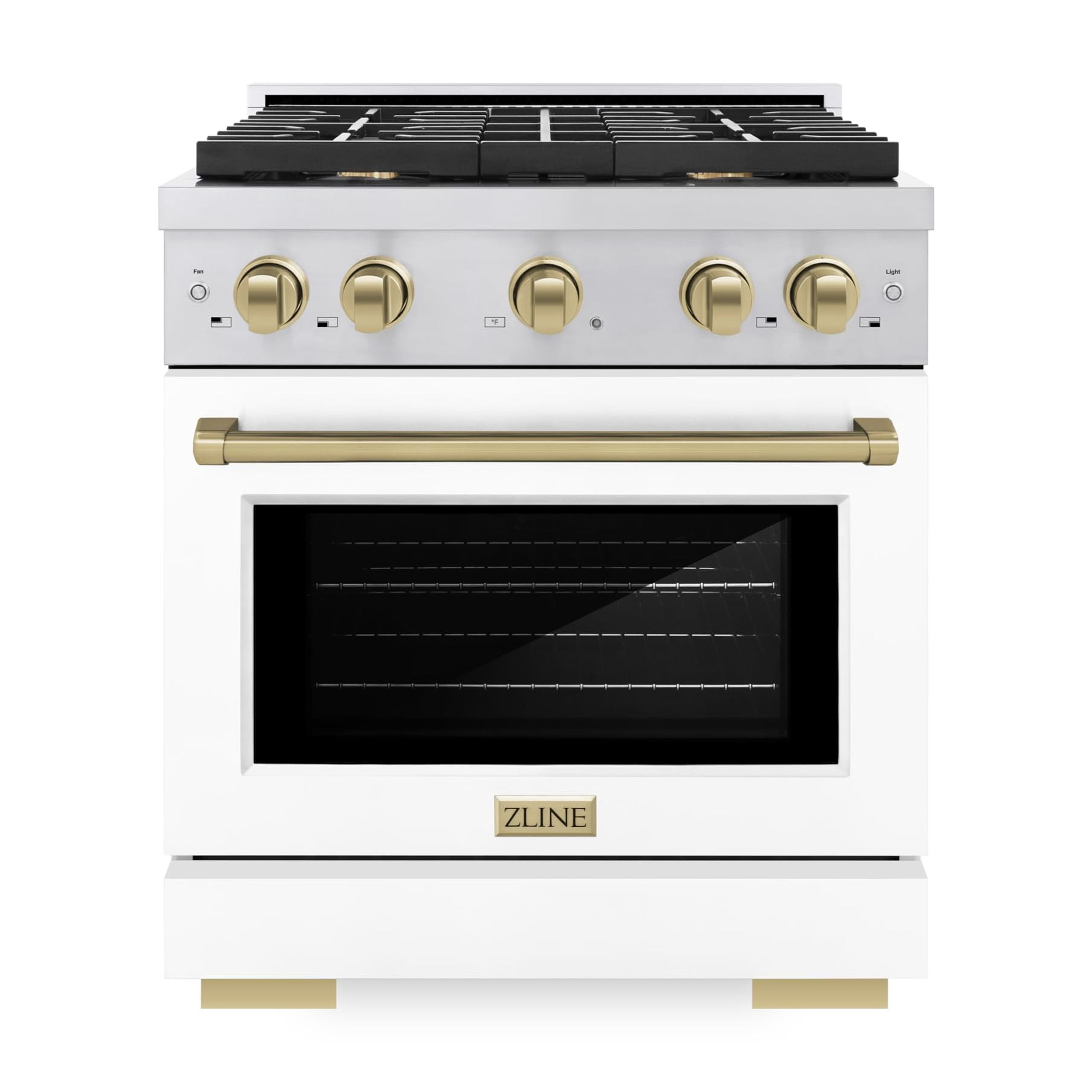 ZLINE Autograph Edition 30 in. 4.2 cu. ft. Paramount Gas Range with 4 Burner Cooktop and Convection Gas Oven in Stainless Steel with White Matte Door and Champagne Bronze Accents (SGRZ-WM-30-CB)