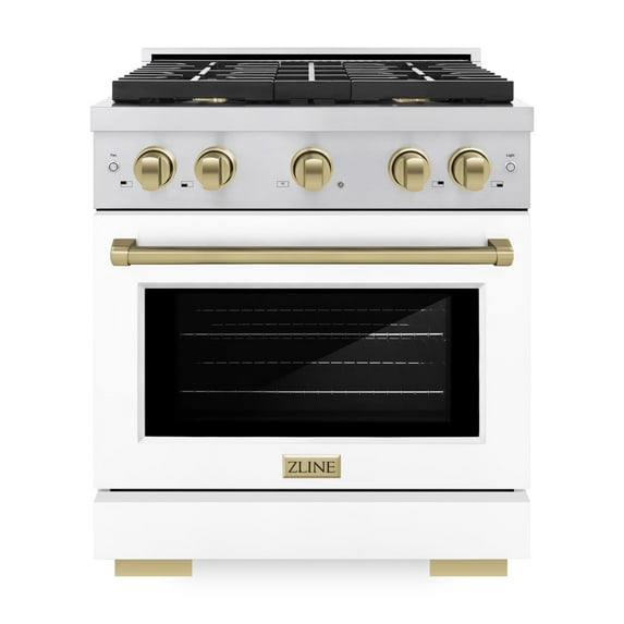 ZLINE Autograph Edition 30 in. 4.2 cu. ft. Paramount Gas Range with 4 Burner Cooktop and Convection Gas Oven in Stainless Steel with White Matte Door and Champagne Bronze Accents (SGRZ-WM-30-CB)