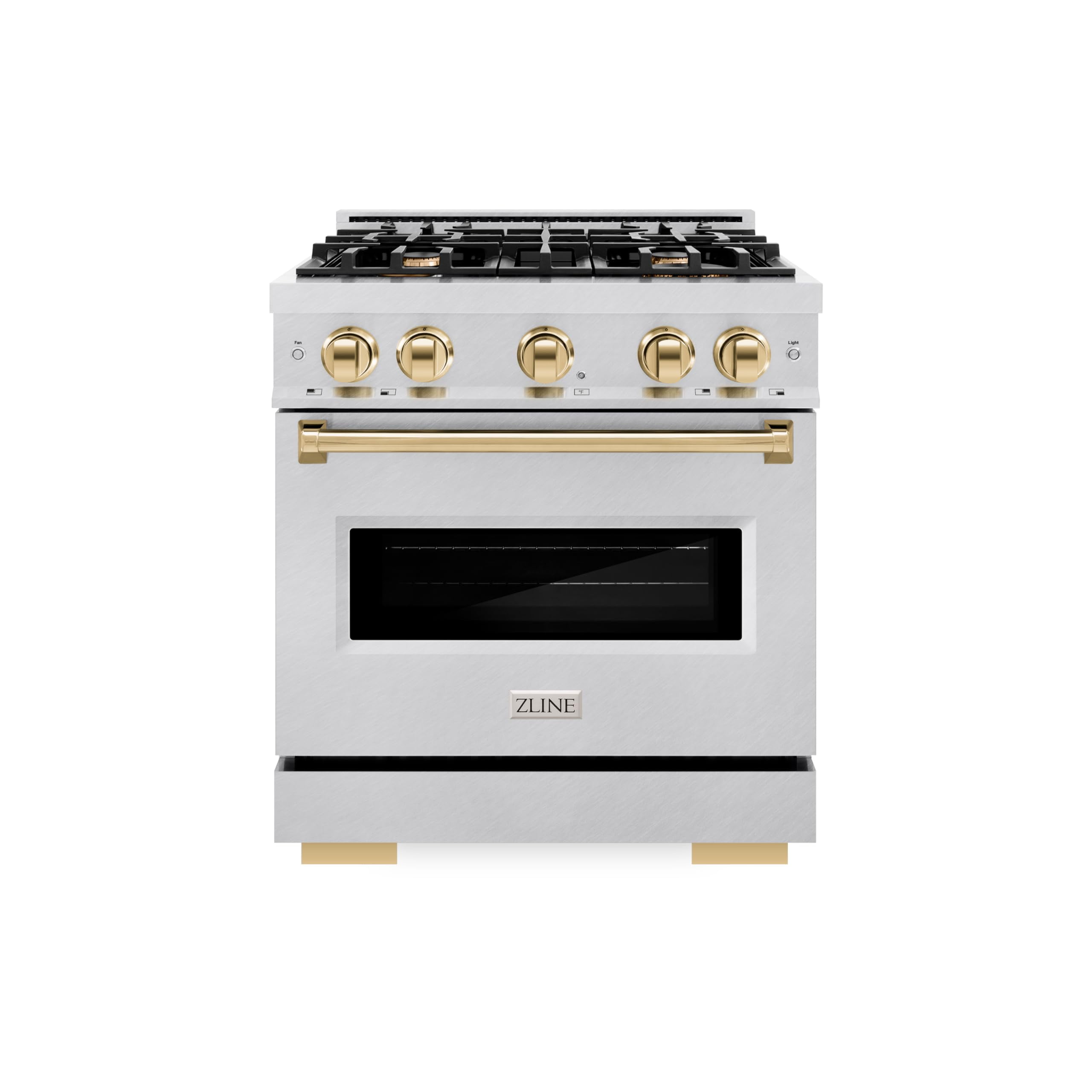 ZLINE Autograph Edition 30 in. 4.2 cu. ft. Classic Gas Range with 4 Burner Cooktop and Convection Gas Oven in DuraSnow Stainless Steel and Polished Gold Accents (CGRSZ-30-G)