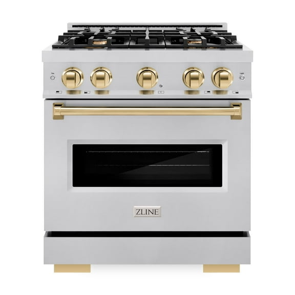 ZLINE Autograph Edition 30 in. 4.2 cu. ft. Classic Gas Range with 4 Burner Cooktop and Convection Gas Oven in Stainless Steel and Polished Gold Accents (CGRZ-30-G)