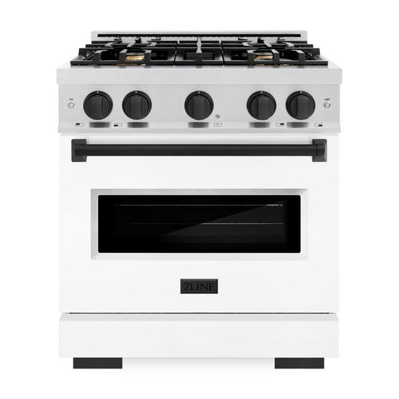 ZLINE Autograph Edition 30 in. 4.2 cu. ft. Classic Gas Range with 4 Burner Cooktop and Convection Gas Oven in DuraSnow Stainless Steel with White Matte Door and Matte Black Accents (CGRSZ-WM-30-MB)