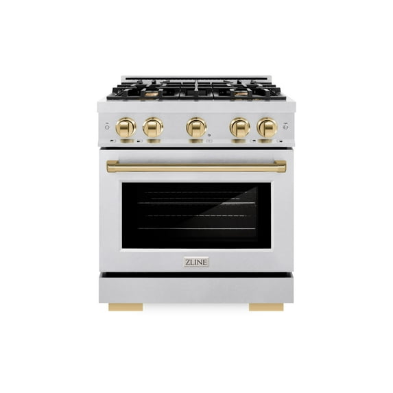 ZLINE Autograph Edition 30 in. 4.2 cu. ft. Dual Fuel Range with 4 Burner Gas Cooktop and Electric Convection Oven in DuraSnow Stainless Steel with Polished Gold Accents (HDRSZ-30-G)