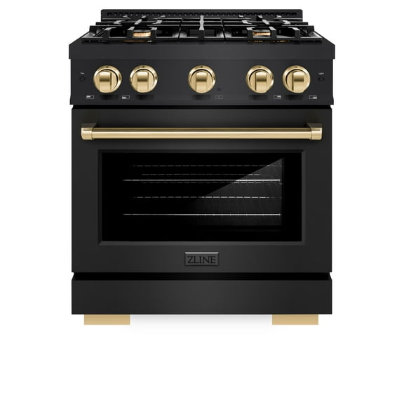 ZLINE Autograph Edition 30 in. 4.2 cu. ft. Gas Range with 4 Burner Cooktop and Convection Gas Oven in Black Stainless Steel and Polished Gold Accents (HGRBZ-30-G)