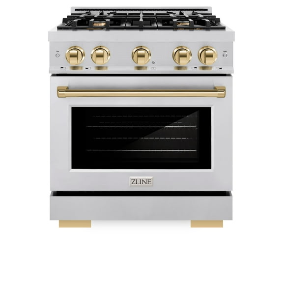 ZLINE Autograph Edition 30 in. 4.2 cu. ft. Gas Range with 4 Burner Cooktop and Convection Gas Oven in Stainless Steel and Polished Gold Accents (HGRZ-30-G)