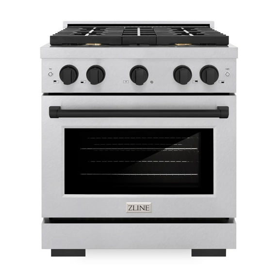 ZLINE Autograph 30" 4.2 cu. ft. Paramount Dual Fuel Range with 4 Burners in DuraSnow® Stainless Steel with Matte Black Accents, SDRSZ-30-MB