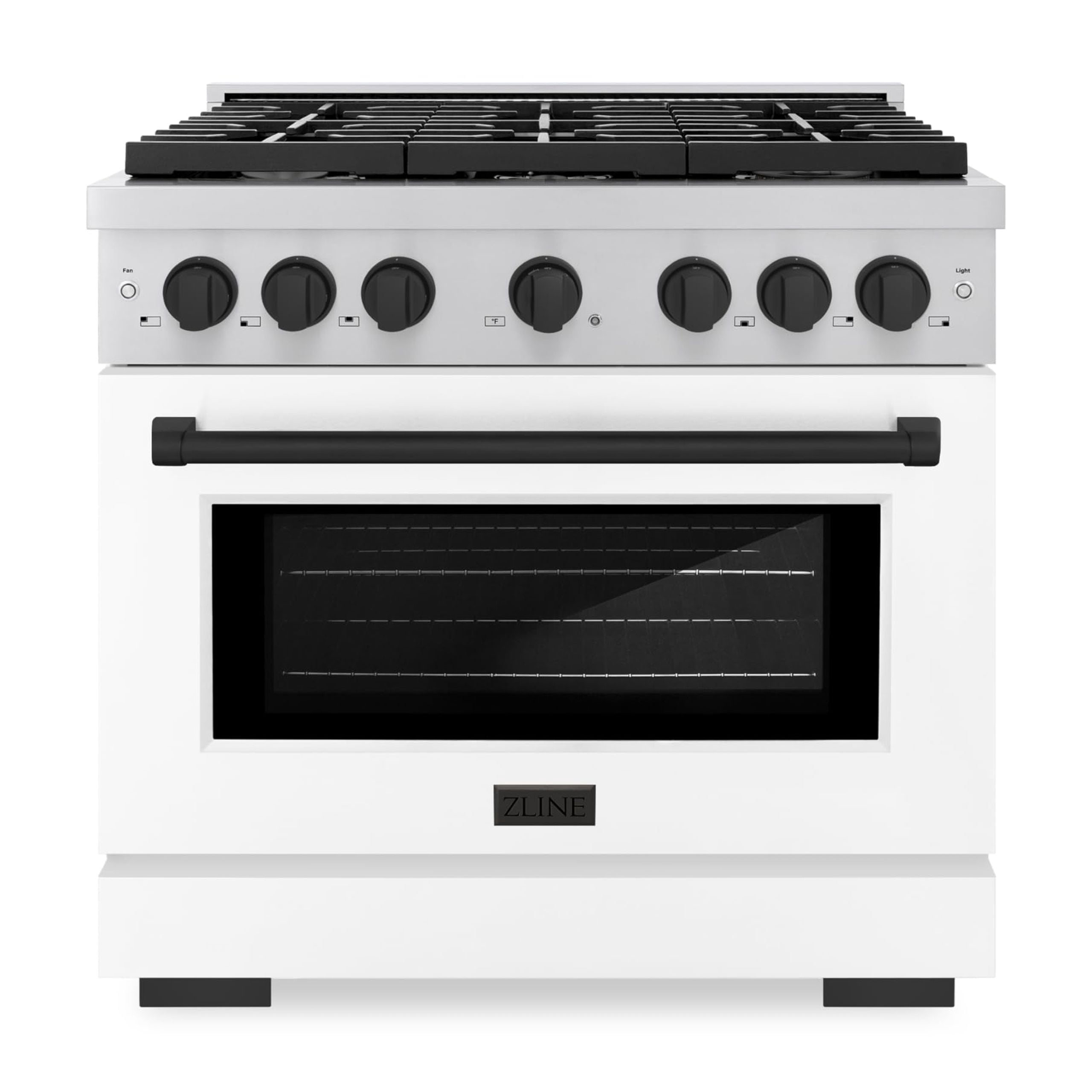 ZLINE Autograph Edition 36 in. 5.2 cu. ft. 6 Burner Gas Range with Convection Gas Oven in Stainless Steel with White Matte Door and Matte Black Accents (SGRZ-WM-36-MB)