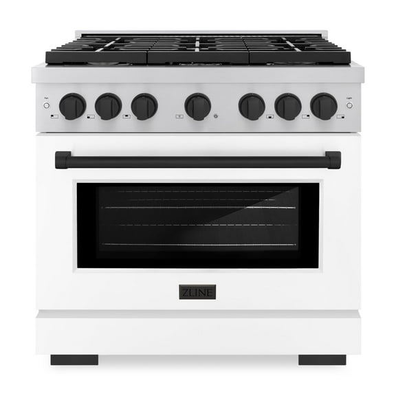 ZLINE Autograph Edition 36 in. 5.2 cu. ft. Paramount Gas Range with 6 Burner Cooktop and Convection Gas Oven in Stainless Steel with White Matte Door and Matte Black Accents (SGRZ-WM-36-MB)