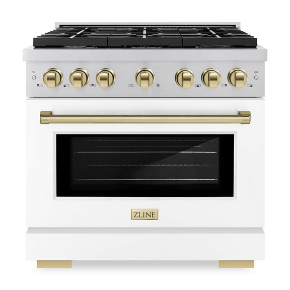 ZLINE Autograph Edition 36 in. 5.2 cu. ft. Paramount Gas Range with 6 Burner Cooktop and Convection Gas Oven in Stainless Steel with White Matte Door and Polished Gold Accents (SGRZ-WM-36-G)