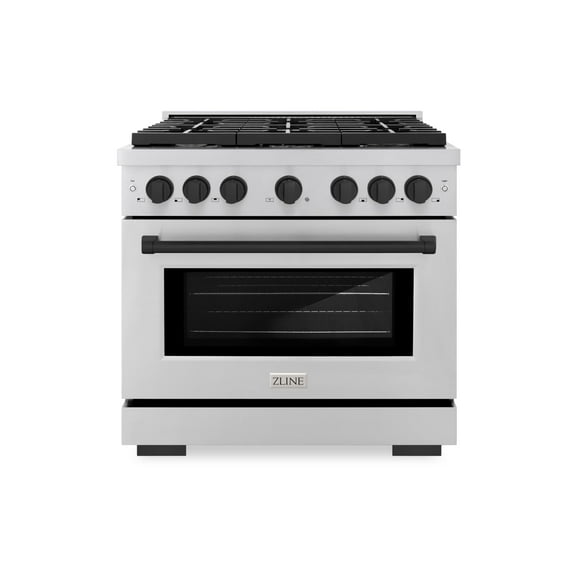 ZLINE Autograph Edition 36 in. 5.2 cu. ft. Paramount Gas Range with 6 Burner Cooktop and Convection Gas Oven in Stainless Steel and Matte Black Accents (SGRZ-36-MB)