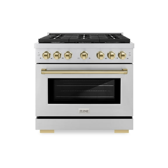 ZLINE Autograph Edition 36 in. 5.2 cu. ft. Paramount Gas Range with 6 Burner Cooktop and Convection Gas Oven in Stainless Steel and Polished Gold Accents (SGRZ-36-G)