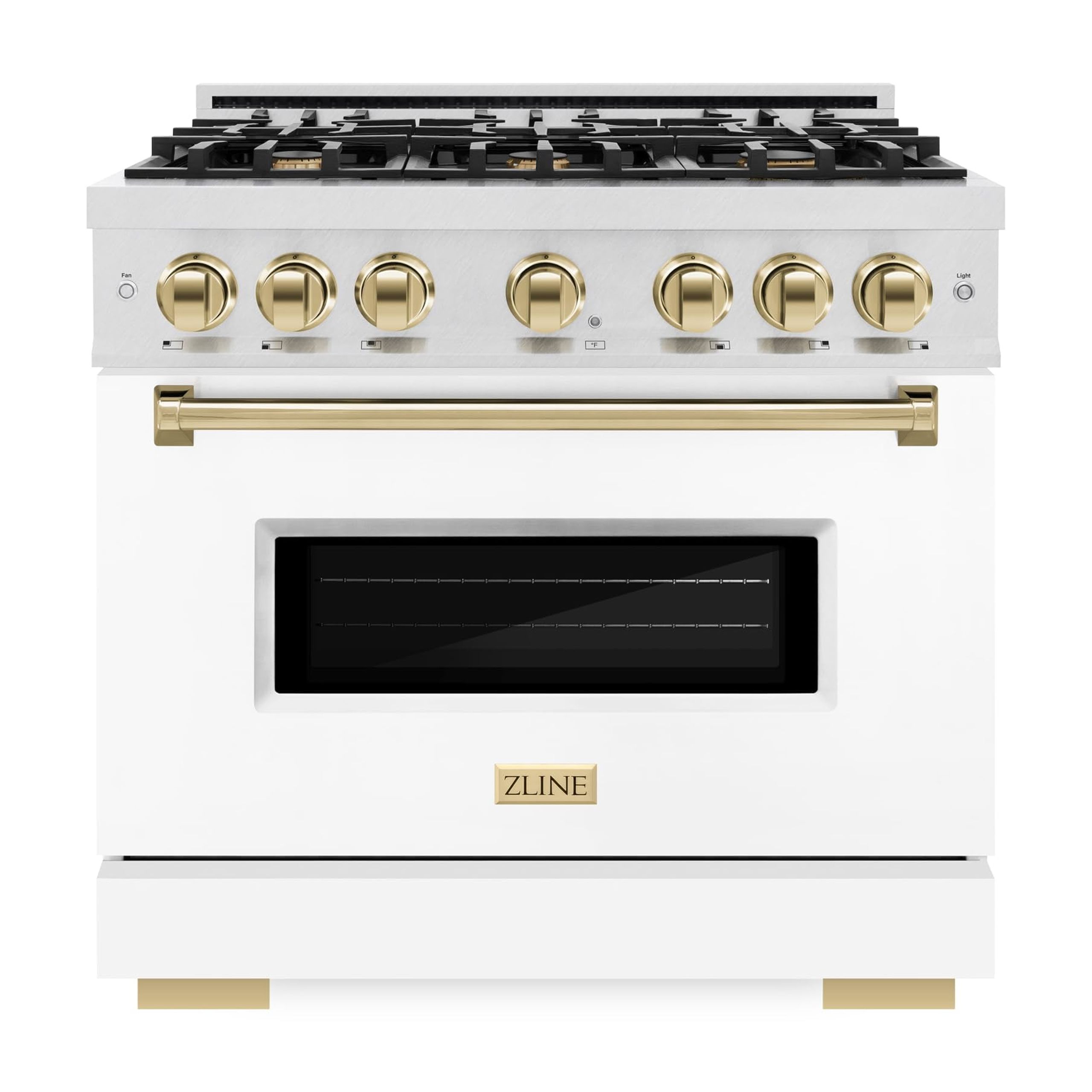 ZLINE Autograph Edition 36 in. 5.2 cu. ft. Classic Gas Range with 6 Burner Cooktop and Convection Gas Oven in DuraSnow Stainless Steel with White Matte Door and Polished Gold Accents (CGRSZ-WM-36-G)