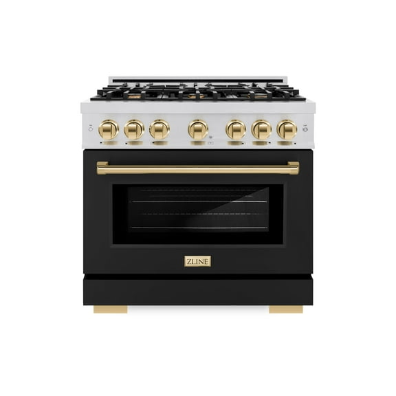 ZLINE Autograph Edition 36 in. 5.2 cu. ft. Dual Fuel Range with 6 Burner Gas Cooktop and Electric Convection Oven in Stainless Steel with Black Matte Door and Polished Gold Accents (HDRZ-BLM-36-G)