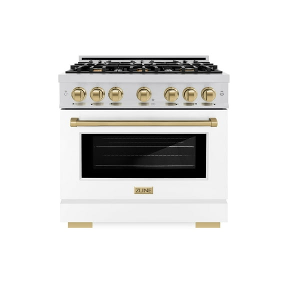ZLINE Autograph Edition 36 in. 5.2 cu. ft. Dual Fuel Range with 6 Burner Gas Cooktop and Electric Convection Oven in Stainless Steel with White Matte Door and Champagne Bronze Accents (HDRZ-WM-36-CB)