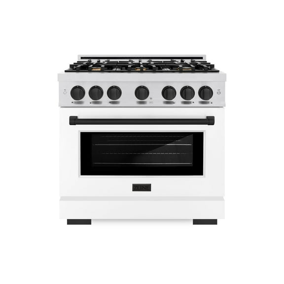 ZLINE Autograph Edition 36 in. 5.2 cu. ft. Gas Range with 6 Burner Cooktop and Convection Gas Oven in DuraSnow Stainless Steel with White Matte Door and Matte Black Accents (HGRSZ-WM-36-MB)