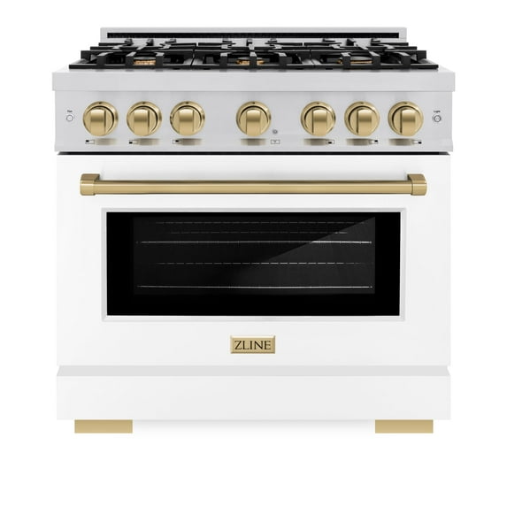 ZLINE Autograph Edition 36 in. 5.2 cu. ft. Gas Range with 6 Burner Cooktop and Convection Gas Oven in Stainless Steel with White Matte Door and Champagne Bronze Accents (HGRZ-WM-36-CB)