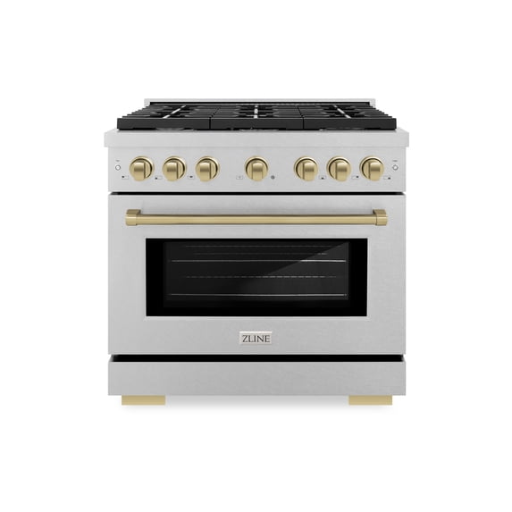 ZLINE Autograph 36" 5.2 cu. ft. Paramount Dual Fuel Range with 6 Burners in DuraSnow® Stainless Steel with Champagne Bronze Accents, SDRSZ-36-CB