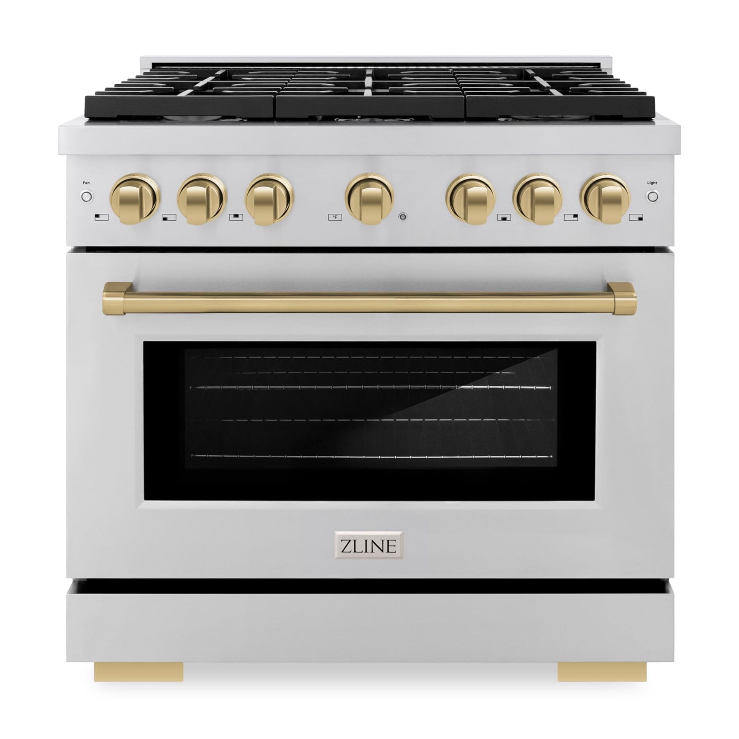 ZLINE Autograph Edition 36 in. 5.2 cu. ft. Paramount Dual Fuel Range with 6 Burner Gas Cooktop and Electric Convection Oven in Stainless Steel with Champagne Bronze Accents (SDRZ-36-CB)