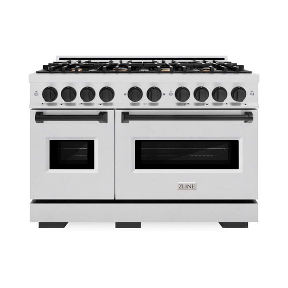 ZLINE Autograph Edition 48 in. 6.7 cu. ft. Classic Double Oven Gas Range with 8 Burner Cooktop in DuraSnow Stainless Steel and Matte Black Accents (CGRSZ-48-MB)