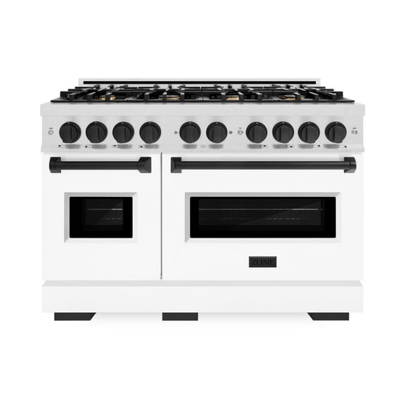 ZLINE Autograph Edition 48 in. 6.7 cu. ft. Classic Double Oven Gas Range with 8 Burner Cooktop in DuraSnow Stainless Steel with White Matte Doors and Matte Black Accents (CGRSZ-WM-48-MB)