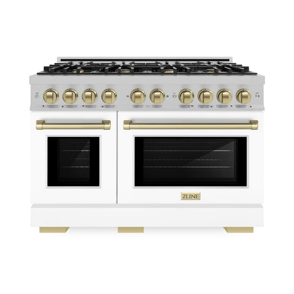 ZLINE Autograph Edition 48 in. 6.7 cu. ft. Double Oven Gas Range with 8 Burner Cooktop in DuraSnow Stainless Steel with White Matte Doors and Champagne Bronze Accents (HGRSZ-WM-48-CB)