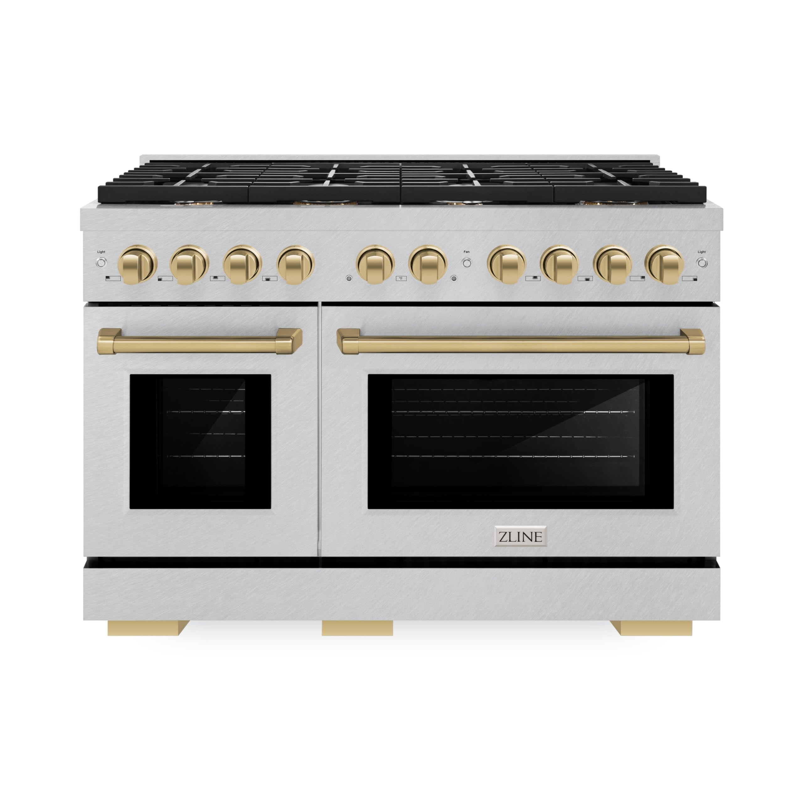 ZLINE Autograph Edition 48 in. 6.7 cu. ft. Paramount Double Oven Dual Fuel Range with 8 Burner Gas Cooktop in DuraSnow Stainless Steel and Champagne Bronze Accents (SDRSZ-48-CB)
