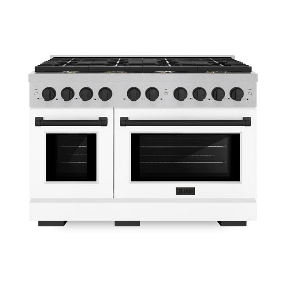 ZLINE Autograph Edition 48 in. 6.7 cu. ft. Paramount Double Oven Dual Fuel Range with 8 Burner Gas Cooktop in DuraSnow Stainless Steel with White Matte Doors and Matte Black Accents (SDRSZ-WM-48-MB)