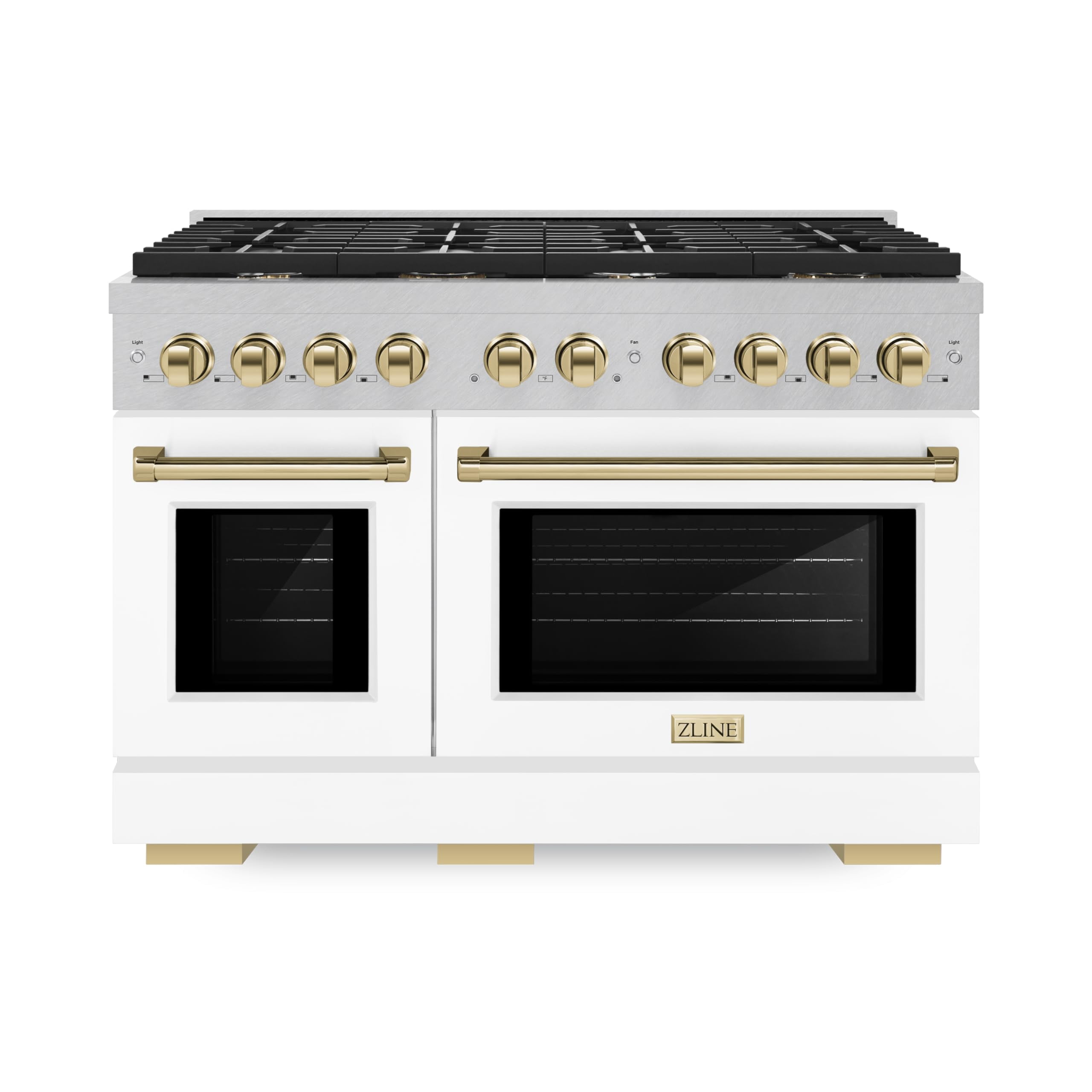 ZLINE Autograph Edition 48 in. 6.7 cu. ft. Paramount Double Oven Dual Fuel Range with 8 Burner Gas Cooktop in DuraSnow Stainless Steel with White Matte Doors and Polished Gold Accents (SDRSZ-WM-48-G)