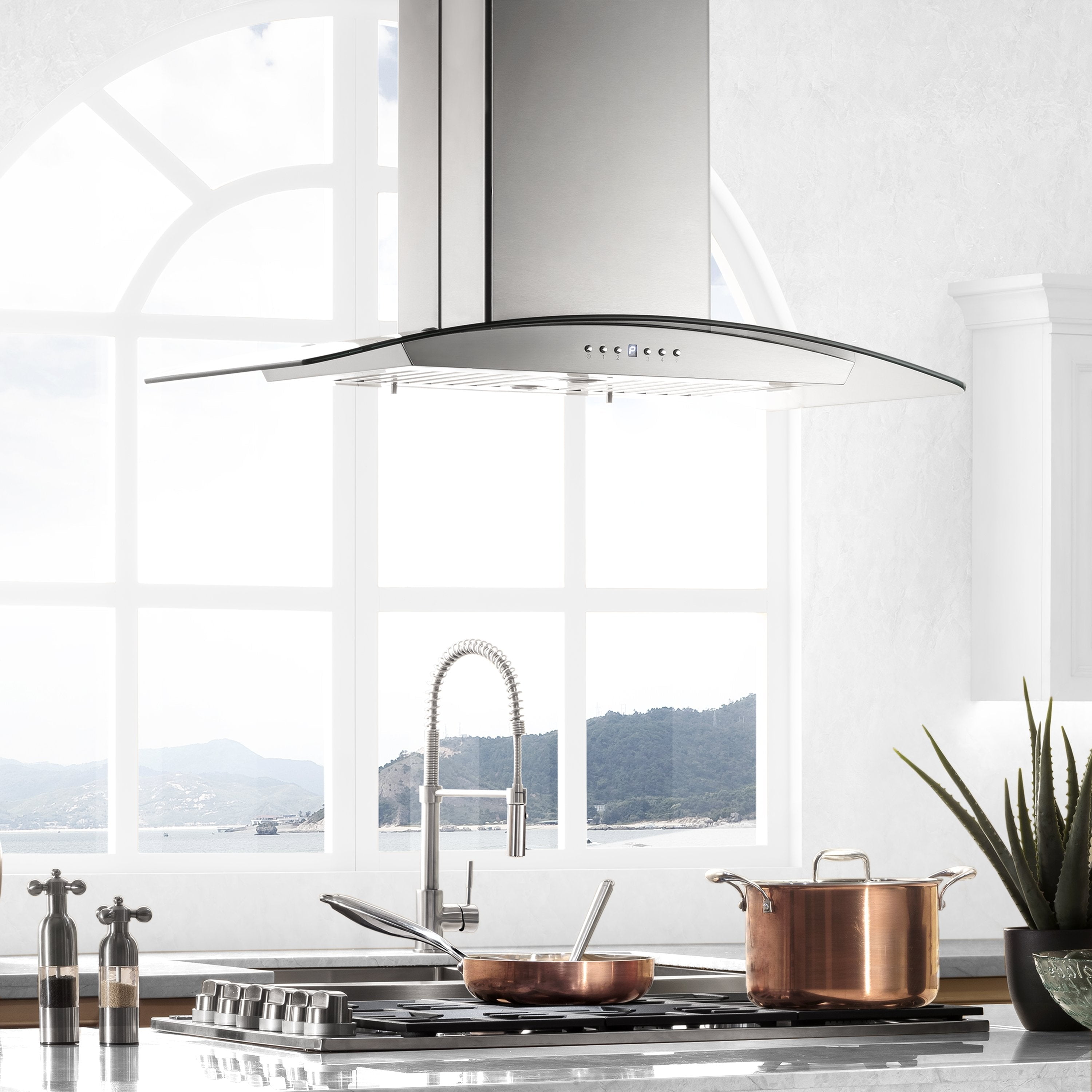 ZLINE 36 In. Island Mount Range Hood In Stainless Steel & Glass with Built-in CrownSound Bluetooth Speakers (GL5iCRN-BT-36)