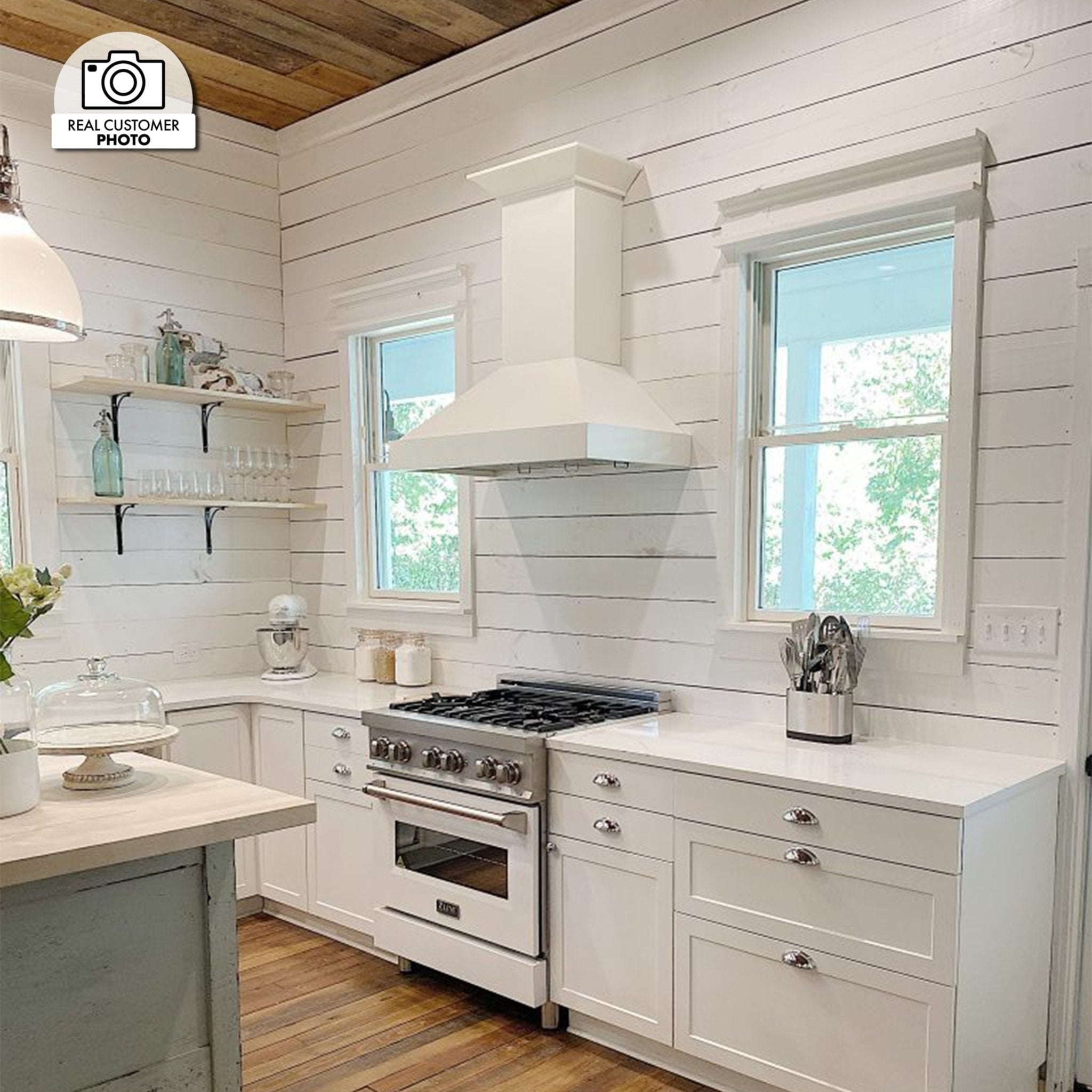 36" Cottage White Wood Wall Mount Range Hood with Stainless Steel Insert