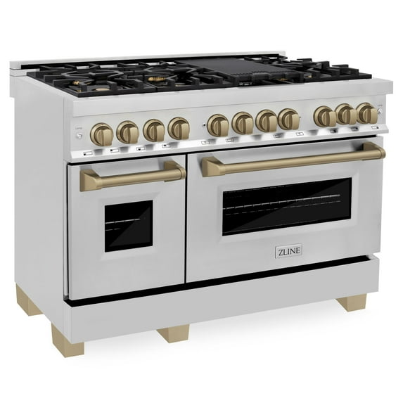 ZLINE Autograph Edition 48" 6.0 cu. ft. Dual Fuel Range with Gas Stove and Electric Oven in Stainless Steel with Champagne Bronze Accents (RAZ-48-CB)