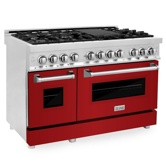ZLINE 48" 6.0 cu. ft. Dual Fuel Range with Gas Stove and Electric Oven in Stainless Steel and Red Gloss Door (RA-RG-48)