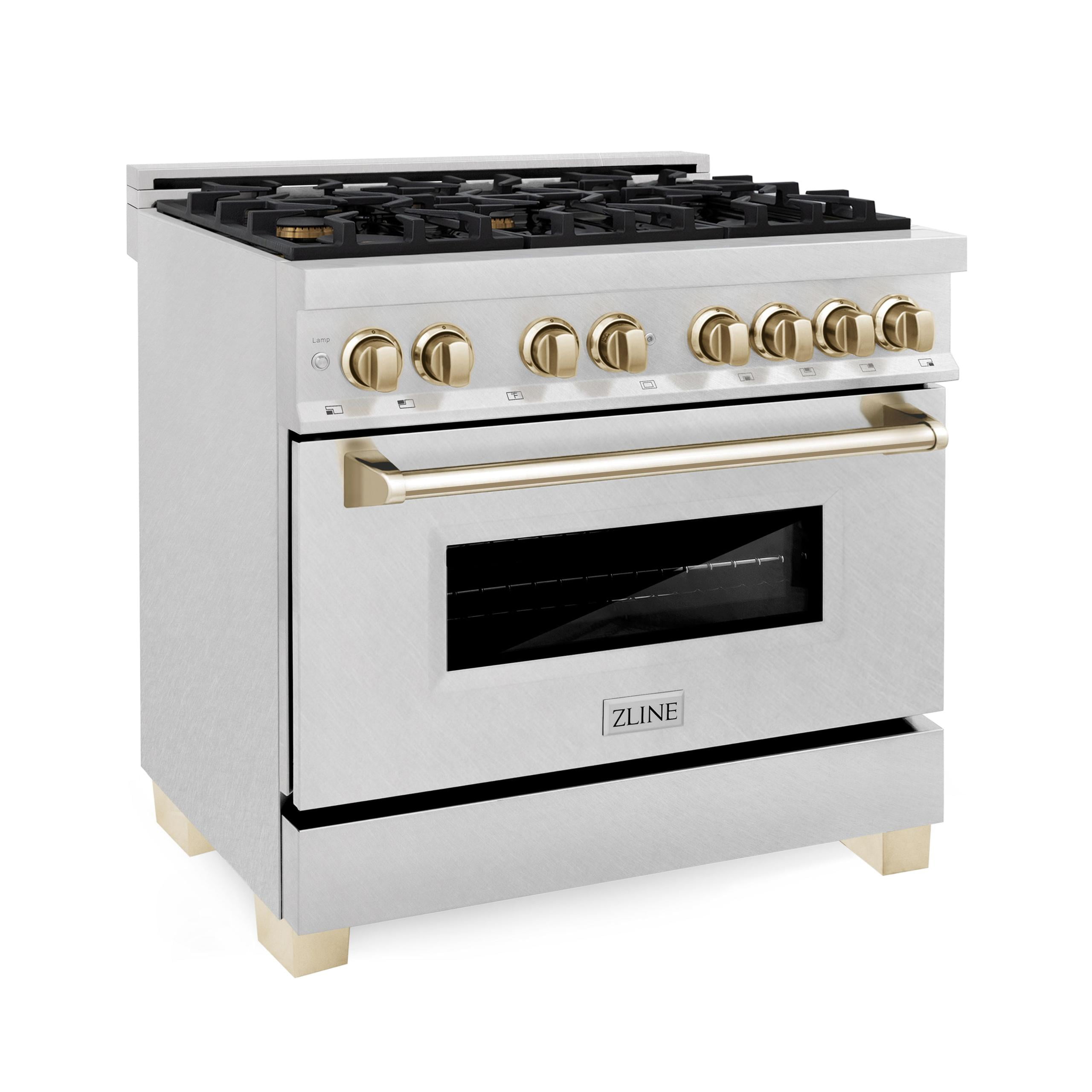 ZLINE 36 in. Autograph Edition Dual Fuel Range in DuraSnow Stainless Steel with Gold Accents (RASZ-SN-36-G)