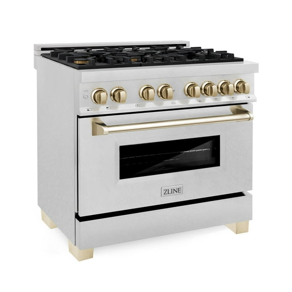 ZLINE 36 in. Autograph Edition Dual Fuel Range in DuraSnow Stainless Steel with Gold Accents (RASZ-SN-36-G)