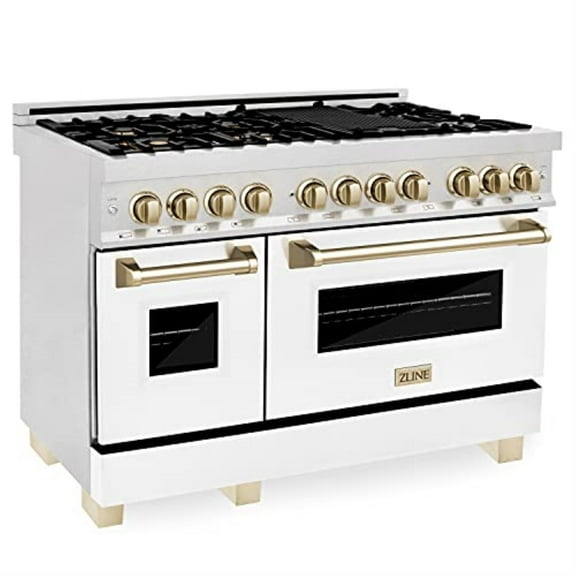 ZLINE 48 in. Autograph Edition Dual Fuel Range in DuraSnow Stainless Steel with White Matte Door and Gold Accents (RASZ-WM-48-G