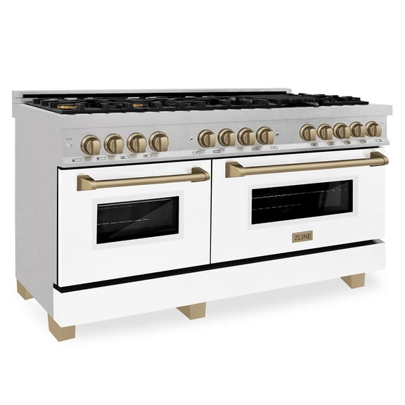 ZLINE Autograph Edition 60" 7.4 cu. ft. Dual Fuel Range with Gas Stove and Electric Oven in Fingerprint Resistant Stainless Steel with White Matte Door and Champagne Bronze Accents (RASZ-WM-60-CB)