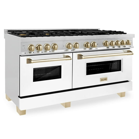 ZLINE Autograph Edition 60" 7.4 cu. ft. Dual Fuel Range with Gas Stove and Electric Oven in Fingerprint Resistant Stainless Steel with White Matte Door and Gold Accents (RASZ-WM-60-G)