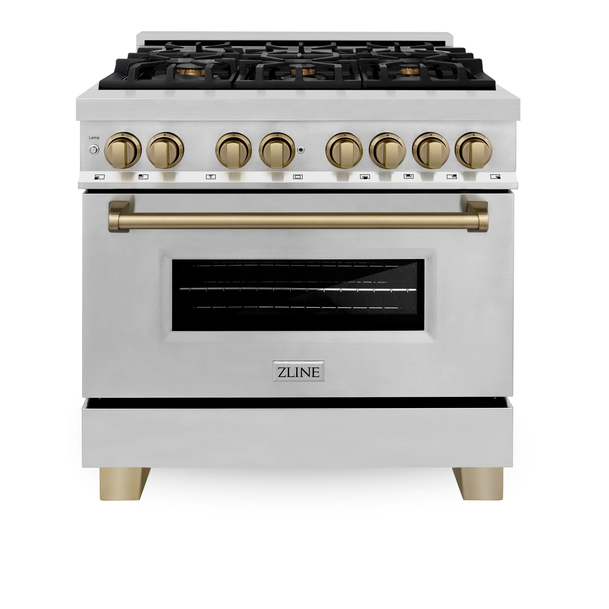 36" Stainless Steel and Gold Dual Fuel Range with Convection Oven
