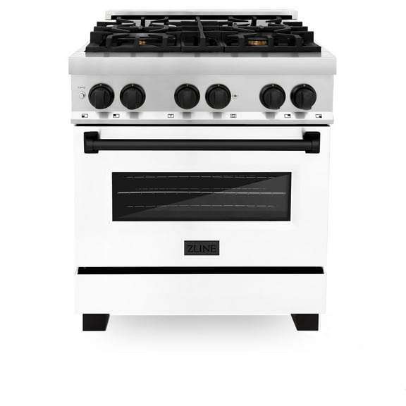 ZLINE 30 in. Autograph Edition Dual Fuel Range in Stainless Steel with White Matte Door and Matte Black Accents (RAZ-WM-30-MB)