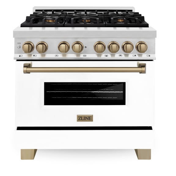 ZLINE 36 in. Autograph Edition Dual Fuel Range in Stainless Steel with White Matte Door and Champagne Bronze Accents (RAZ-WM-36-